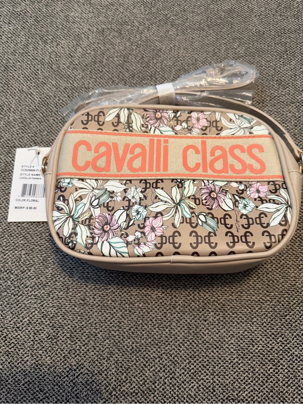 NWT Cavalli Class Lucilla Camera Beige Floral Crossbody Purse